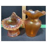VINTAGE CARNIVAL GLASS VASES 2 QTY MARIGOLD