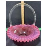 FENTON CRANBERRY OPLESCENT HOBNAIL BASKET 10 1/2