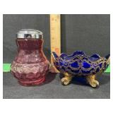 CRANBERRY GLASS SUGER SHAKER AND BLUE DISH GOLD