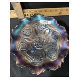 CARNIVAL GLASS FOOTED BOWL 9 INCH FLORAL
