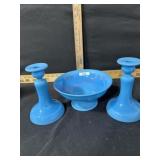CAMBRIDGE BLUE GLASS 3 PIECE COMPOTE SET