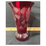 RED GLAS VASE ETCHED 11 1/2 TALL