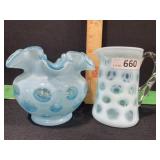 FENTON GLASS BLUE OPALESCENT COIN DOT 2 PIECE SET