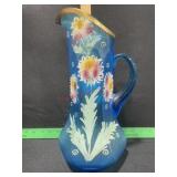 VICTORIAN BLUE PITCHER H/P FLOWERS13 INCHES TALL