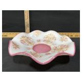 White and pink opalescent glass bowl with ruffled