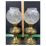 BRASS AND GLASS CANDLE LAMPS PAIR13 INCHES TALL