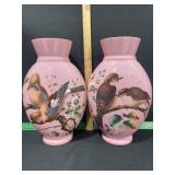 MANTEL VASES LARGE PAIR PINK H/P   BIRDS  13