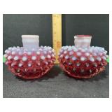 FENTON GLASS CRANBERRY OPALESCENT HOBNAIL CANDLE