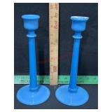 CAMBRIDGE  GLASS BLUE CANDLE STICKS PAIR 9 1/2