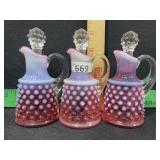 FENTON CRANBERRY OPALESCENT HOBNAIL SMALL CRUETS