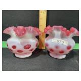 FENTON CRANBERRY OPALESCENT COIN DOT VASES 2 QTY