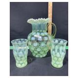 GREEN OPALESCENT DOT WATER PITCHER AND 2 TUMBLERS