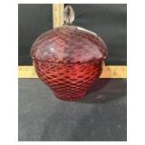 CRANBEWRRY GLASS ROUND LATTICE COVERED JAR 8 X 9