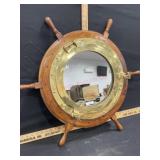 Wooden ship wheel porthole mirror  30 inch