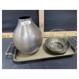 Burnt gold metal tray with vase and candle holder