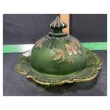 EAPG GLASS BUTTER DISH   DARK GREEN GOLD TRIM