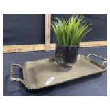 Metal tray and small vase with artificial plant