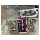 Tote of 7 boxes purple and gold glass ornaments