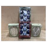 3- boxes of blue and white Christmas ornaments