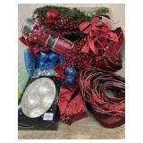 Tote of white and blue ornaments/ red ribbon and