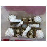 Tote of ornament dividers and gold ornaments