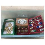 Tote with 7 boxes of glass ornaments