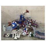 Tote of 7 boxes red and blue ornaments and floral