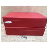 2- Red boxes of feathered bird ornaments