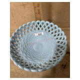 MILK GLASS BLUE COMPOTE WOVEN