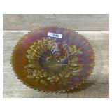 CARNIVAL GLASS PEACOCK ON THE FENCE DISH