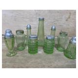 DEPRESSION GLASS GREEN URANIUM SHAKERS 9 QTY