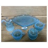 FENTON GLASS BLUE OPAL HOBNAIL 7 PCE CONDIMENT