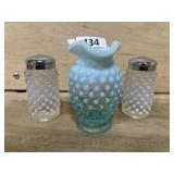 FENTON GLASS HOBNAIL VASE AND SHAKERS