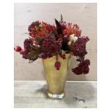 Brass tone vase with Burgundy floral