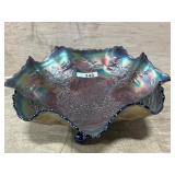 CARNIVAL GLASS STAG AND HOLLY 3 FOOTED BOWL LARGE