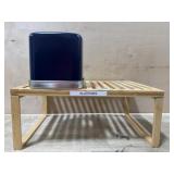 Wood organizer shelf and blue tissue box