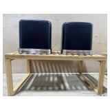 Wood organizer shelf and 2 brown tissue boxes