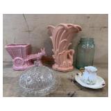 Box with McCoy vase, donkey cart planter , butter