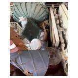 Box lot of pictures, compotes, metal angle and