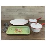 2- Graniteware pans, 2 trays and hand mixer