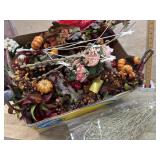 Box lot of fall flowers and decorations