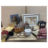 Box lot with basket, picture frame cube, pictures
