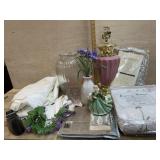 Box lot with lamp. vase, vase of florals and