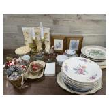 Box lot with plates, baking dish and figurines
