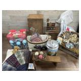 Box lot of wood box, coffee pot, basket, canation