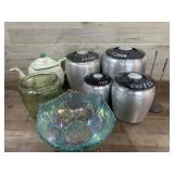 Box lot with set of ole metal canisters and misc.
