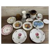 Box of old plates and dishes and crock pitcher