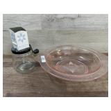 Pink depression serving bowl and old grater