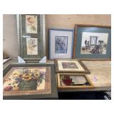 Stack of 7 various size prints in frames