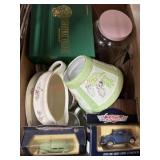 Box lot with candle topper, die cast cars, misc,